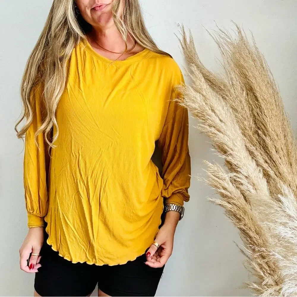 FP FREE PEOPLE Gold Mustard Ruffle Knit Open Back Balloon Sleeve Blouse Top XS